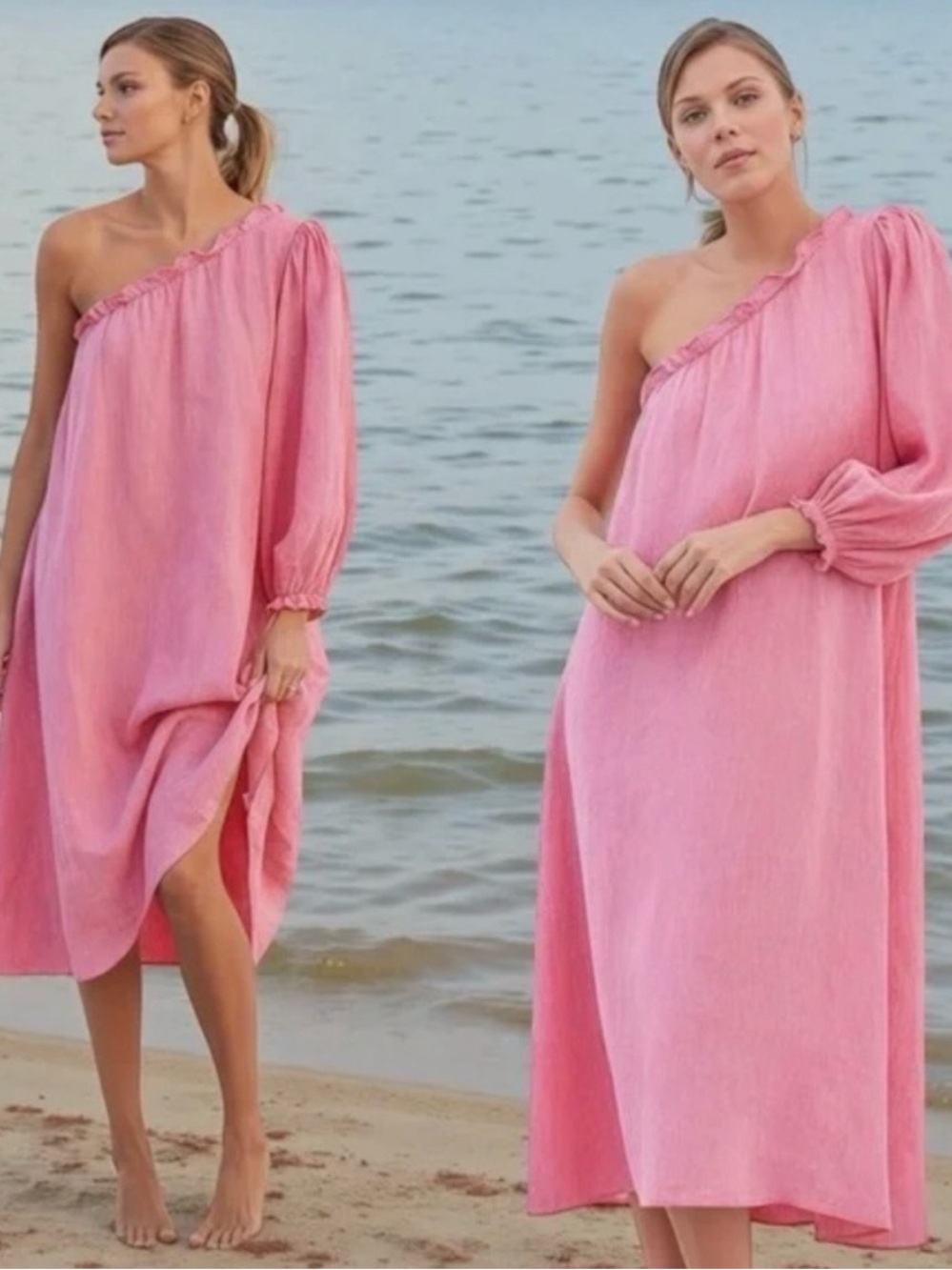 One-Shoulder Pink Beach Dress - Women's One Sleeve Midi